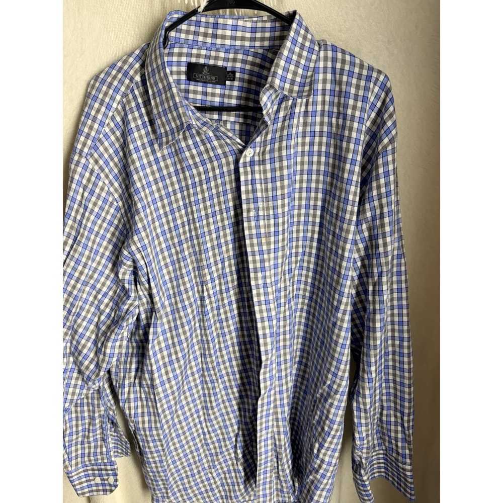 Vittorino Dress Shirt Mens XL 17-17.5 35-36 Blue Gray White Plaid Long Sleeve